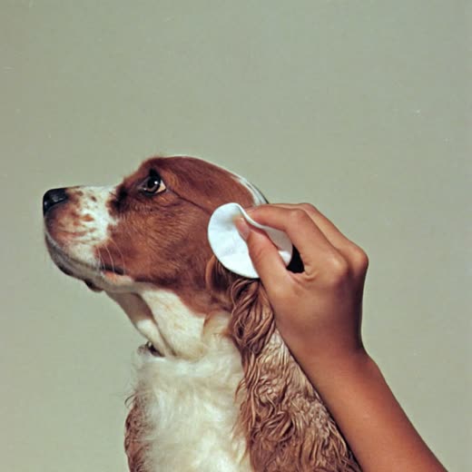 A spaniel having its ear cleaned